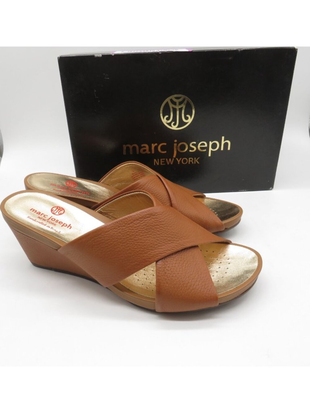 Marc Joseph New York Womens Tan Grainy Leather Wedge Sandals Size 9.5 NEW